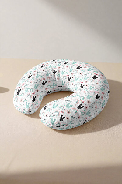 Evimde Bambaşka Cute Rabbit Patterned Cotton Neck Pillow - Pastel Rainbow Min...