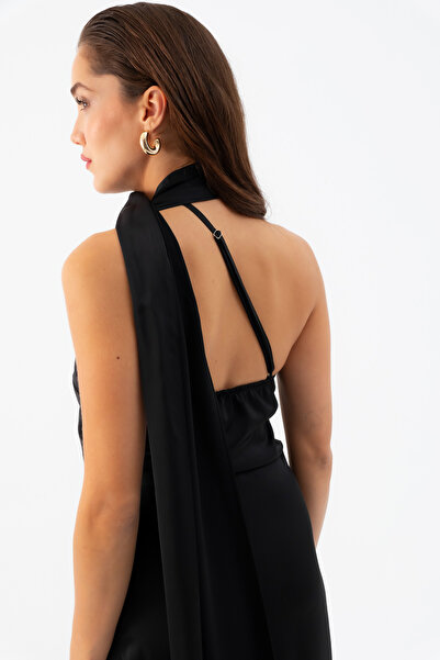 Lafaba Women's Black One Shoulder Shawl Collar Long Satin Dress