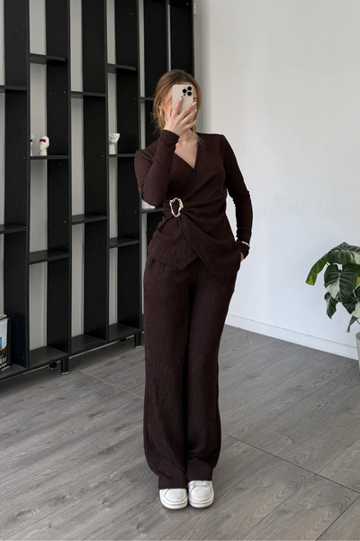 MOZENA Toka Detaylı Kruvaze Yaka Bluz ve Pantolon İkili Takım