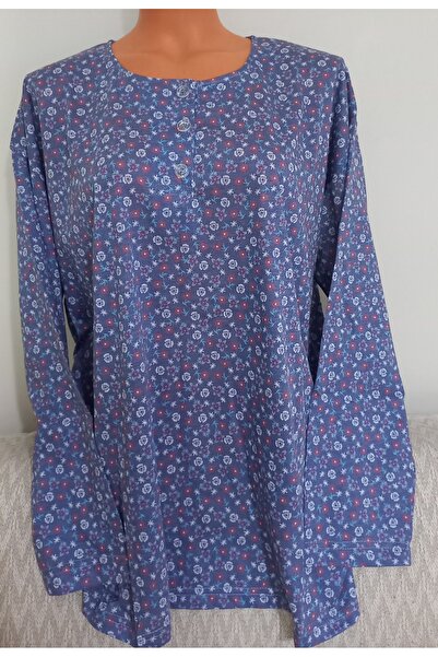 Anne Er Clothing Paper Print Combed Cotton Blouse Long Sleeve 3 Button Decorated Crew Neck