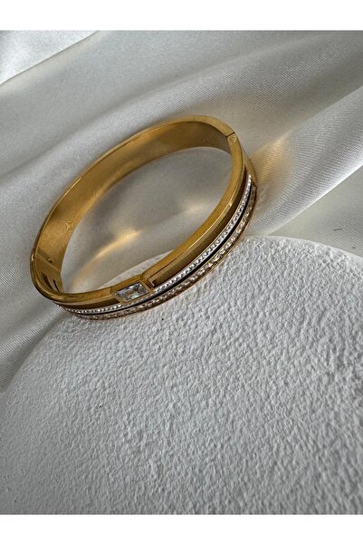 H&S AKSESUAR Çelik Gold Baget Taşlı Kelepçe Bilezik