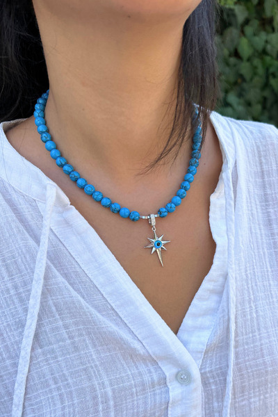 Suerte Accessories Turquoise Natural Stone Handcrafted Special Design Women's Natural Stone Necklace with Steel North Star Eye Evil Eye Detail