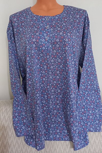 Anne Er Clothing Paper Print Combed Cotton Blouse Long Sleeve 3 Button Decorated Crew Neck