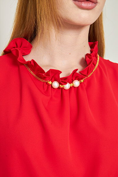 UNIQUE LADY Women's Ruffle Neckline Sleeveless Blouse with Pearl and Chain Detailing - Multiple Color Options