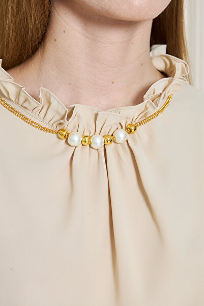 UNIQUE LADY Women's Ruffle Neckline Sleeveless Blouse with Pearl and Chain Detailing - Multiple Color Options