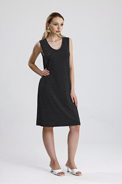 Sense Sleeveless Printed Midi Viscose Dress |   Elb35852 Black Polka Dot