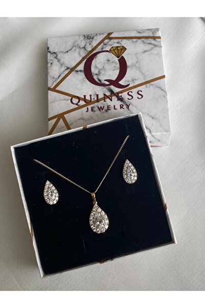 Quiness Jewelry 14 Ayar Altın Kaplama Damla Zirkon Taşlı Takı Seti: Kolye ve Küpeler