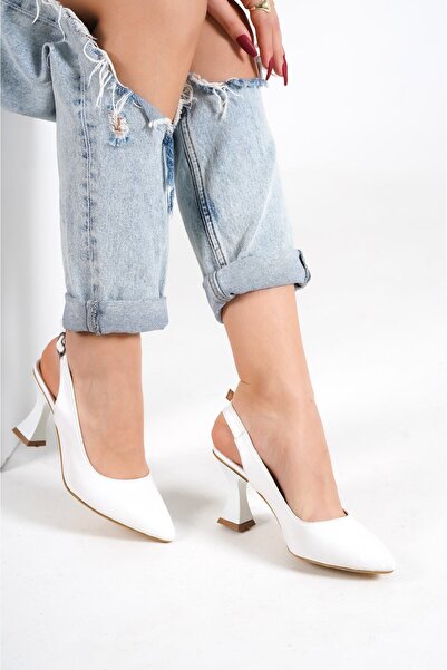 Nubbock Жіночі білі туфлі з відкритою задньою частиною та гострим носком на підборах 7 см NK0448