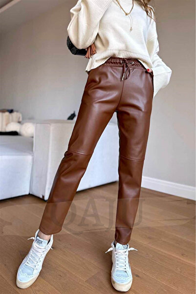 Qaju Women's Brown (Tan) High Waist Lace-Up Jogger Leather Pants