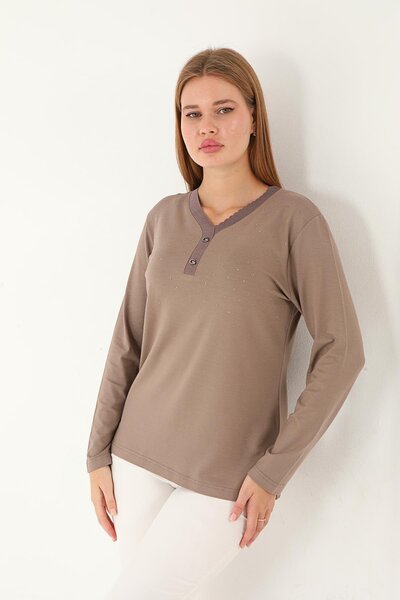 Lanze بلوزة مرسيريزد بطبعة حجرية ورقبة على شكل حرف V