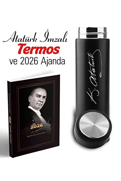 Halk Kitabevi Ataturk Signature Printed Thermos and 2026 Ataturk Agenda - Bookmark - Postcard
