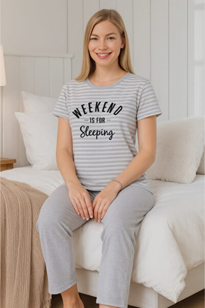 Enisa Pijamale pentru femei din bumbac 100%, model cu dungi gri