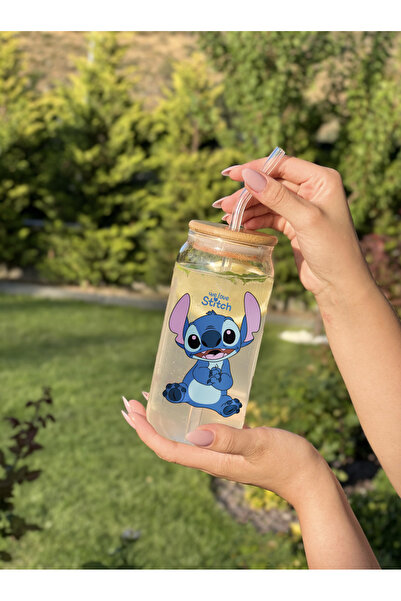 REMİ DESİGN Stitch Desenli Bambu Kapaklı, Pipetli Cam Soğuk Kahve Bardağı