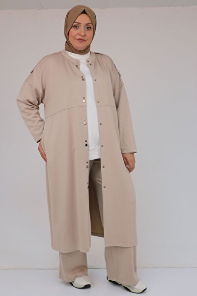 Eslina 57035 Plus Size Modal Suit with Shoulder Epaulettes and Snap Detail - Beige