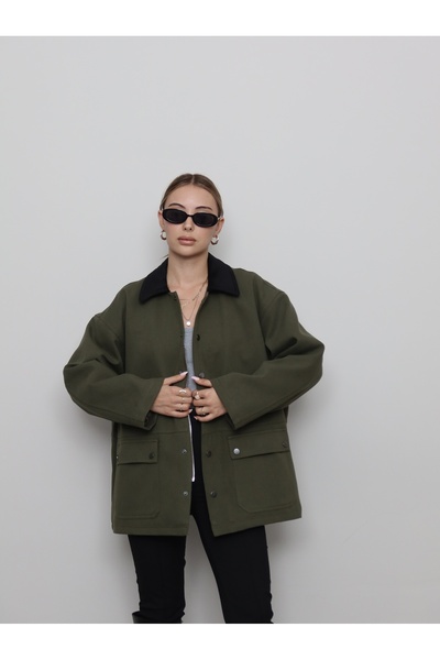 Zey Studio Jachetă căptușită cu guler din catifea kaki pentru femei