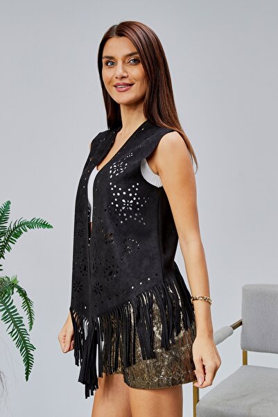 Wissi Life Black Tassels Scuba Suede Vest