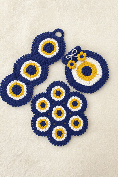 Ella Hat-Craft El Örgüsü Çeyizlik Lif Seti 3'lü - Nazar Boncuğu Model(Sabunlu...