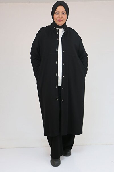 Eslina 57035 Plus Size Modal Suit with Shoulder Epaulettes and Snap Detail - Black