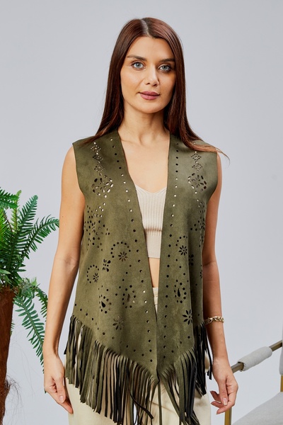 Wissi Life سترة من جلد الغزال الكاكي مع شراشيب