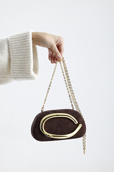 Paksoy Geantă de umăr pentru femei, din piele intoarsa maro amar, cu curea cu lanț, mini cutie, pentru petrecere de seară