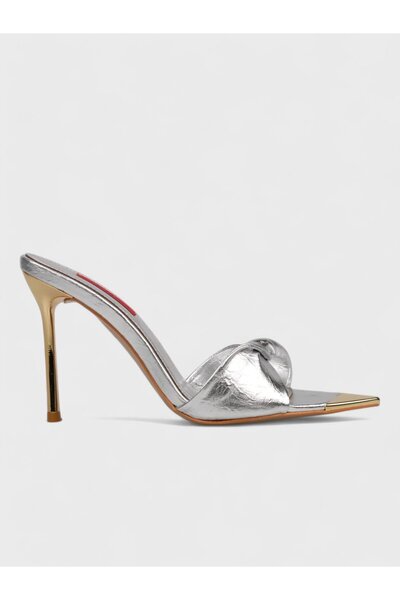 Sadık Yılmaz Women's Summer 11cm Heeled Slippers - 574 5557 - Silver Wrinkled