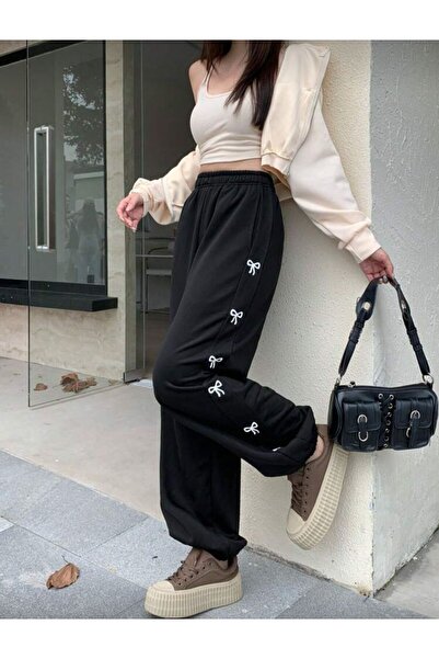 Le Vion Women's Ribbon Print High Waist Elasticated Basic Jogger Sweatpants