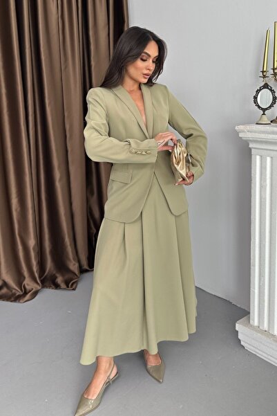 spirituel Kadın İkili Takım Şık Düğme Detaylı Dik Yaka Blazer Ceket Uzun Etek Takım