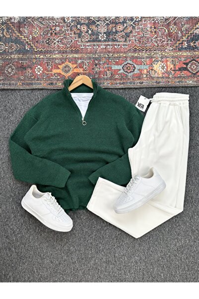 tetramoda طقم مكون من سترة تريكو سيلانيك بياقة عالية ونصف سحاب وبنطلون من القماش العثماني