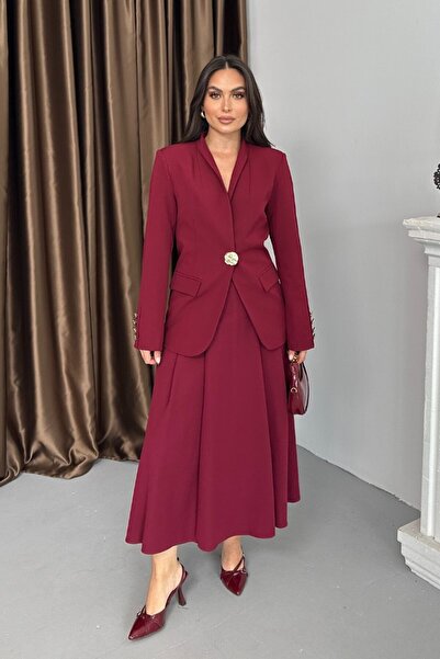 spirituel Women's Two-Piece Suit Stylish Button Detail Stand Collar Blazer Jacket Long Skirt Set