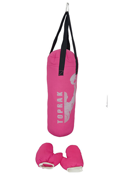 TOPRAK SPORT ELDİVEN VE KARABİNA + PEMBE RENK ÇOCUK BOKS TORBASI 7-9 YAŞ İÇİN 50x20 cm İÇİ DOLU
