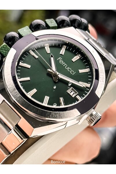 Ferrucci Men's Wristwatch, with Calendar, Green Silver Steel Band, with Bracelet Gift
