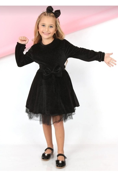 Asortix boutique BEBEK KADİFE KUMAŞ TÜL DETAYLI TAÇ HEDİYELİ ELBİSE