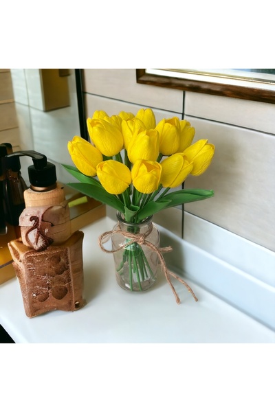 OznCicekTasarim Gerçekçi Islak Dokulu Sarı Lale Buketi – 10 'li Premium Dekor...