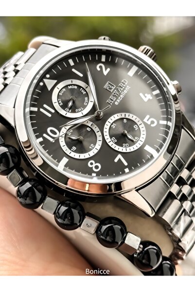 Reward Men's Functional Wristwatch, Certified, Guaranteed, Grey - Silver Steel Band Bracelet