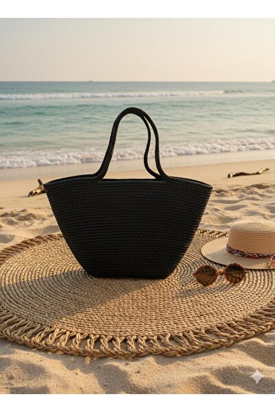 EYLCOTTON حقيبة شاطئ - مقاس كبير جداً - حقيبة يومية - أسود من القش - حقيبة يد...