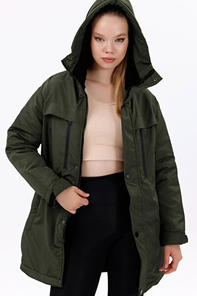 MissThetis Kapüşonlu Uzun Kollu Cepli İçi Polarlı Fermuarlı Göğüs Cepli Şık v...