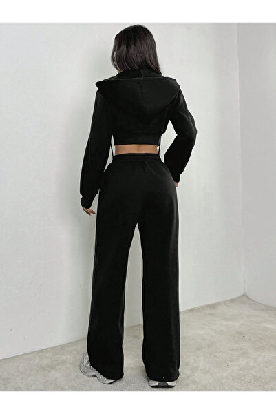 S&A DESIGN Black Short Pocketless Crop Zippered Hooded Cardigan Jacket Sweatshirt