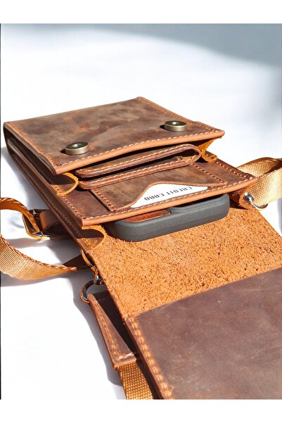 MAT Deri Genuine Leather Phone Bag Crossbody Bag with Shoulder Strap Small Bag with Card Wallet Compartment Brown