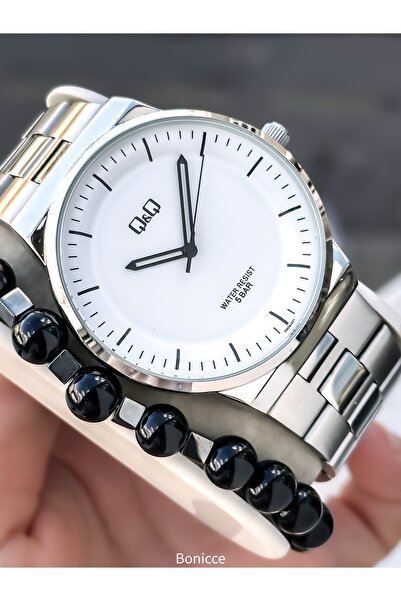 Q&Q Men's Wristwatch, Silver Steel Band, 5 Atm Water Resistant, Simple Model with Bracelet Gift