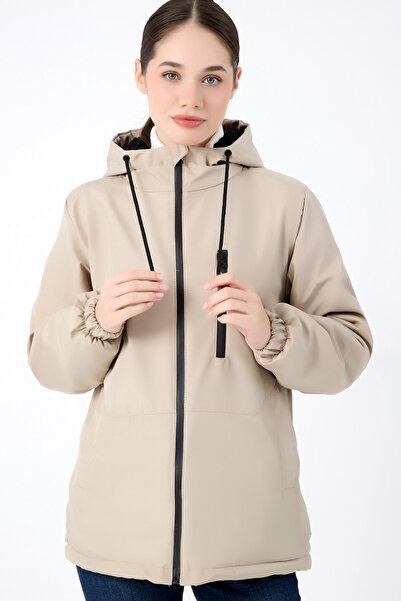 MissThetis Kapüşonlu Uzun Kollu Cepli İçi Polarlı Fermuarlı Göğüs Cepli Şık v...