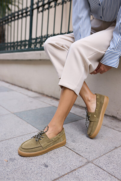 ANGELİNA JONES Candela Women's Khaki Green Real Suede Lace-Up Detail Shoes