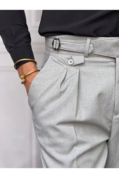 MODEFENDİ Kuşak Toka Detaylı Kuş Gözü Desen Pileli Pantolon