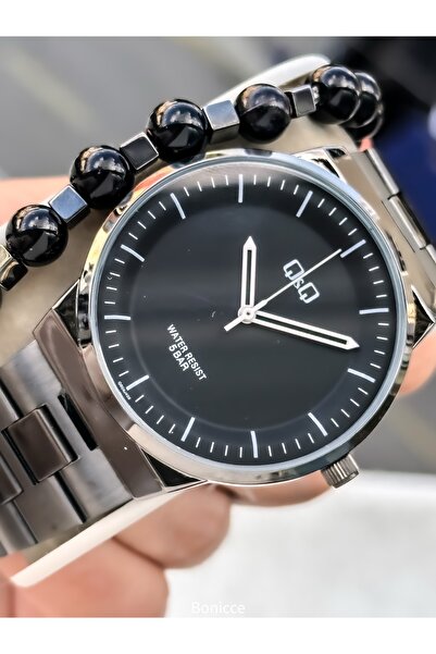Q&Q Men's Wristwatch, Black Steel Band, 5 Atm Water Resistant, Simple Model Bracelet