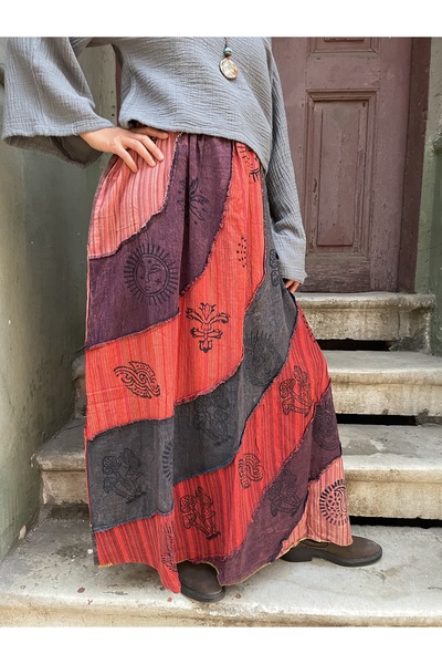 Bohoyasam Nepal Patchwork Etek – Renkli, Salaş & Bohem Tarz, El Yapımı Kadın Model