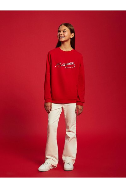 LC Waikiki Bisiklet Yaka Atatürk Imza Baskılı Kız Çocuk Sweatshirt (W5)