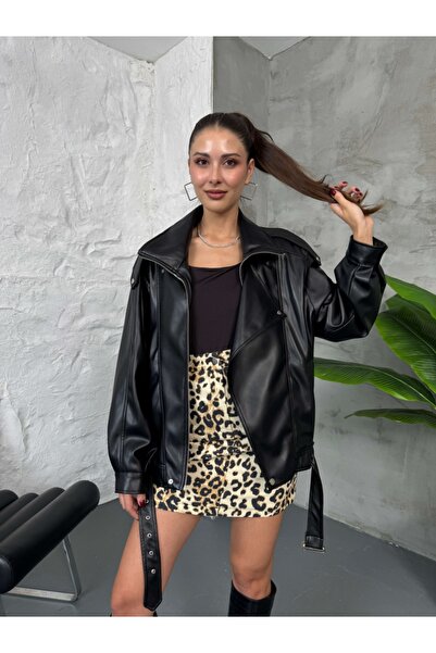 Elif Özbey Butik Black Belt Detailed Leather Jacket