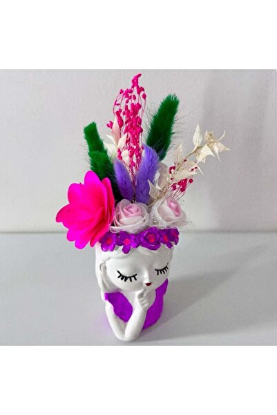 velve Decoratiune din ceramica, Fata Visatoare cu begonie de lemn si flori cr...