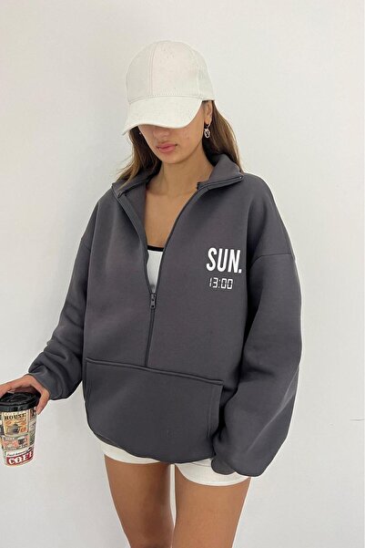 Sun Victoria Antrasit Unisex Dik Yaka Fermualı Oversize 3 Iplik İçi Şardonlu Baskılı Sweatshirt