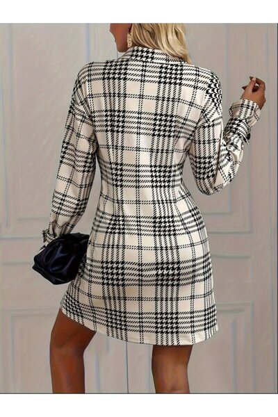 Masspera Kadın Gömlek Yaka Uzun Kollu Düğmeli Desenli Mini Modal Elbise