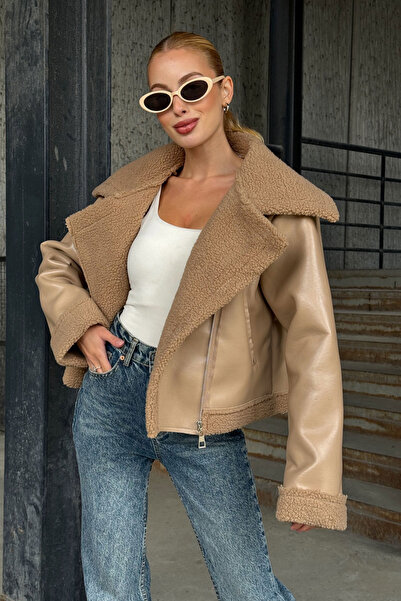 bacc Jachetă de motociclist din piele artificială, bej, cu buzunare duble, cu...